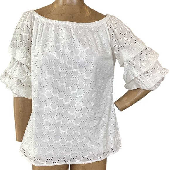 Cece White Eyelet Ruched Sleeve BOHO Top Sz M #317F - Picture 1 of 7